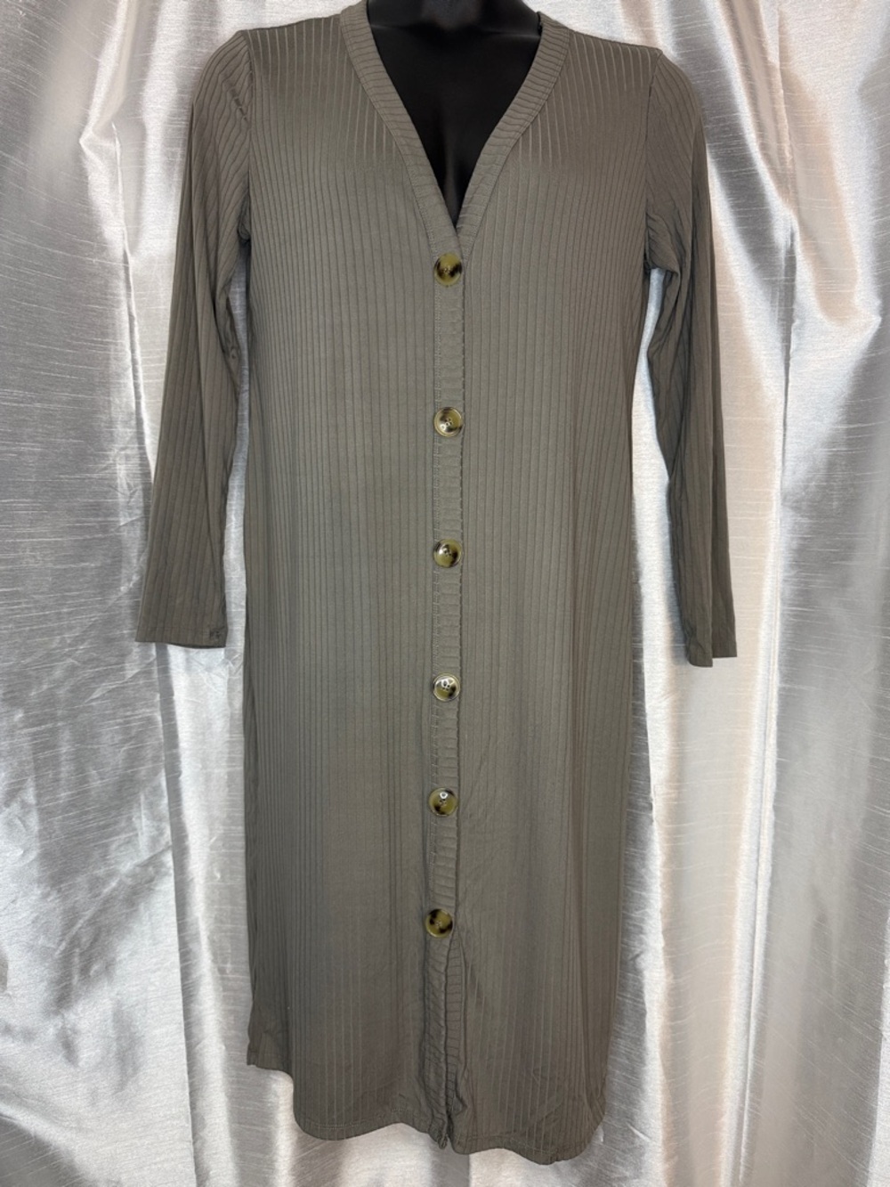 J for Justify Ribbed Knit Cardigan Midi Dress V Neck Button Taupe Women’s XL